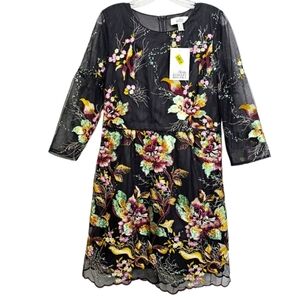 Nwt Belle Badgley Mischa Black Mesh Anna Sequin Floral 3/4 Sleeve Party Dress